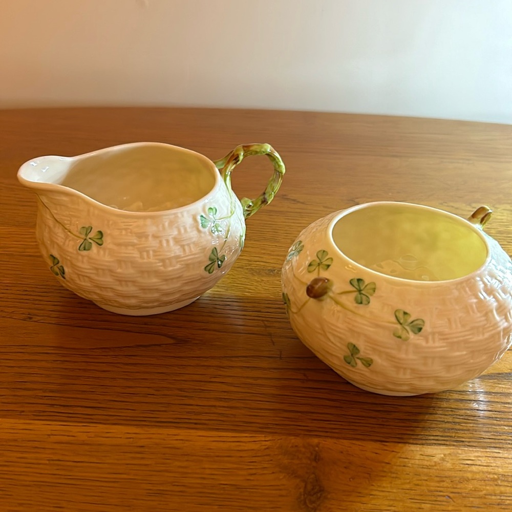 Belleek sugar bowl and creamer in excellent condition.